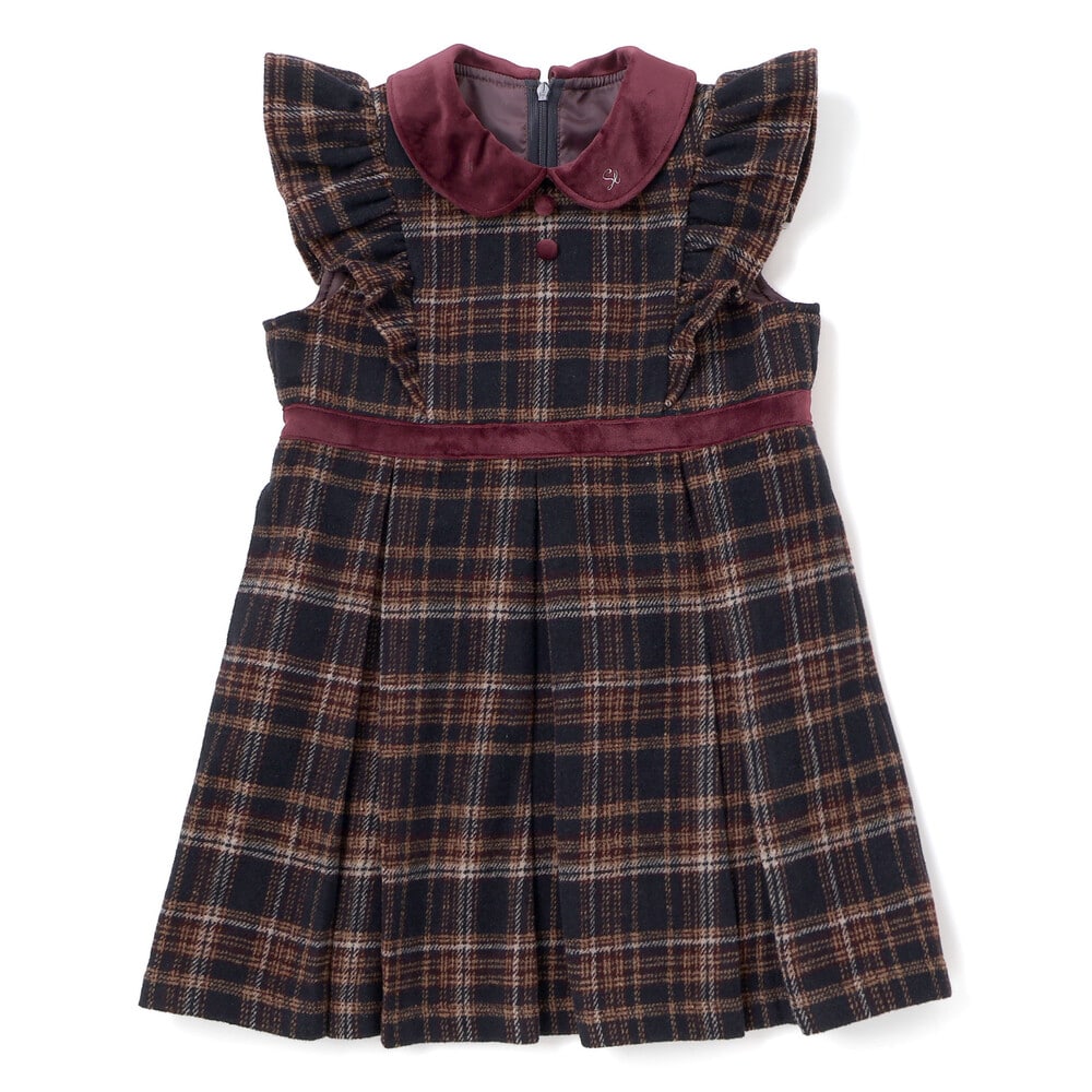 【お揃い】襟付きタックスカートチェックジャンパースカート(90~130cm) ボルドー×ネイビー系 90cm