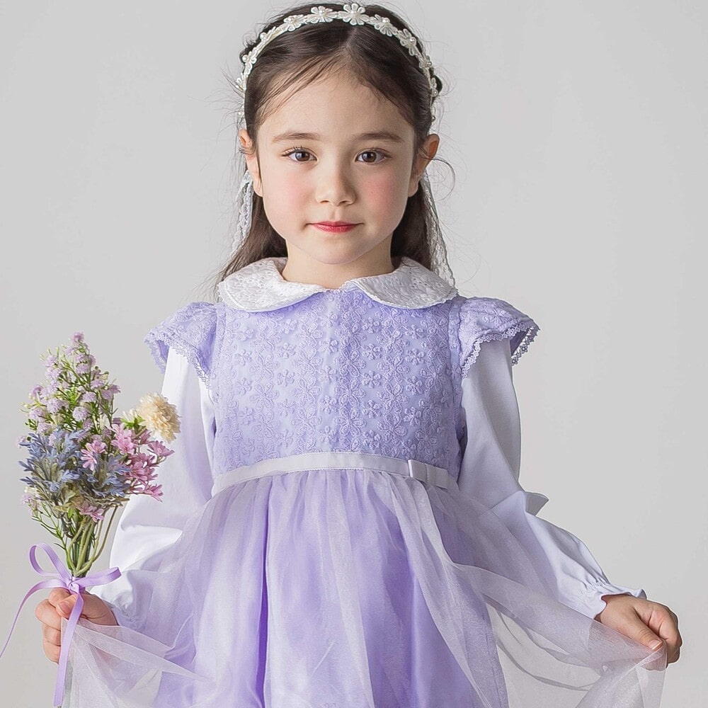 花レースフェミニンモチーフ刺しゅう裾スカラップジャンパースカート(110~130cm) パープル 110cm