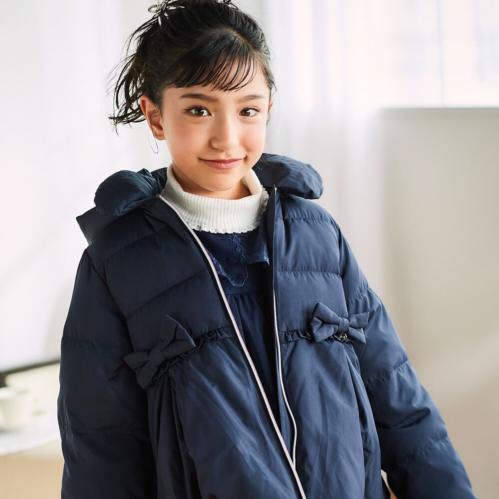 フード付き腰リボンペプラムダウンコート(90~130cm) ネイビー 90cm