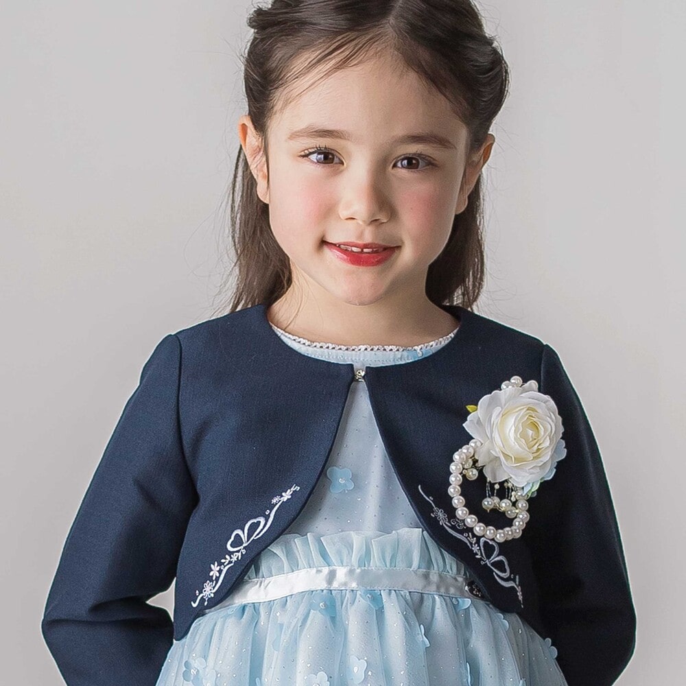 袖折り返しレース刺しゅう裾スカラップボレロ(110~130cm) ネイビー 110cm