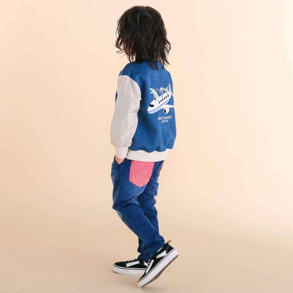 恐竜ロゴ刺しゅうデニム風ニットスタジャン(90~130cm) ブルー 90cm