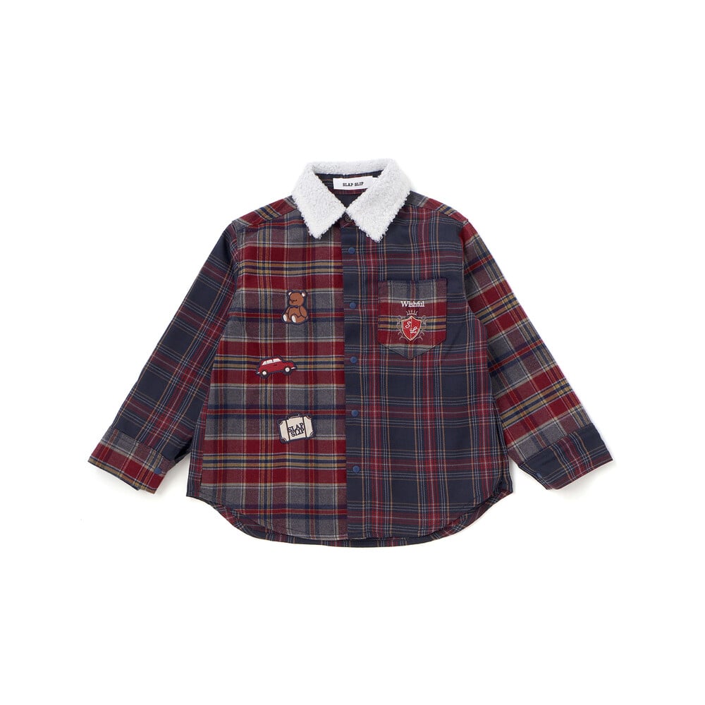 【お揃い】もこもこボア襟切り替えチェックシャツ(90~130cm) ネイビー×レッド系 90cm