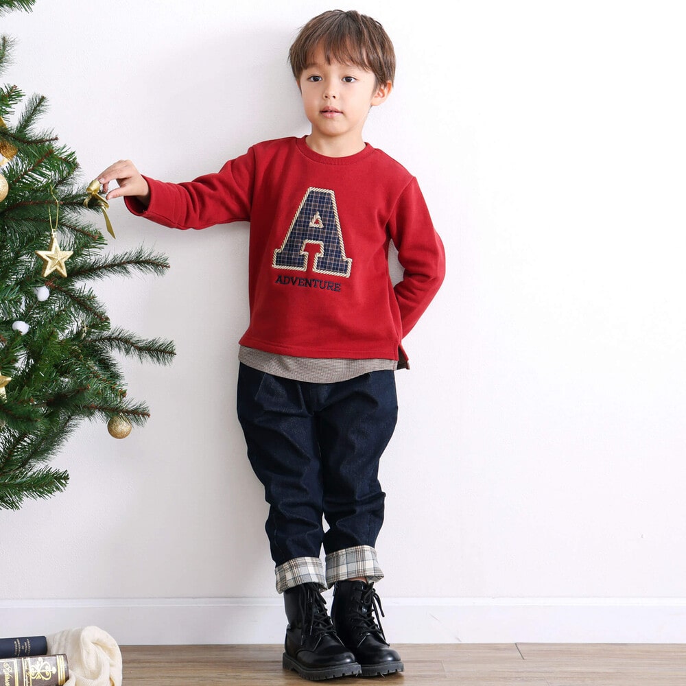 【お揃い】裏起毛チェック切り替えアルファベット刺しゅうトレーナー(80~130cm) オフホワイト 80cm