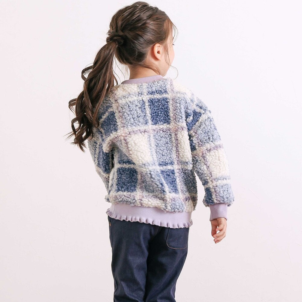 ハートリボンキラキラボアパッチもこもこチェックトレーナー(80~130cm) ブルー系 80cm