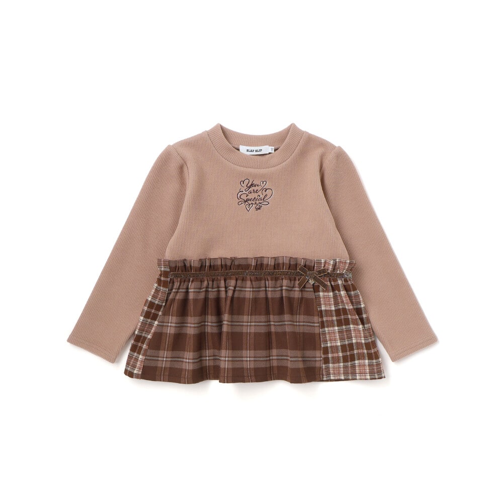 【お揃い】ハートいっぱい刺しゅうモチーフ切り替えチェックドッキングトレーナー(80~130cm) オフホワイト 80cm