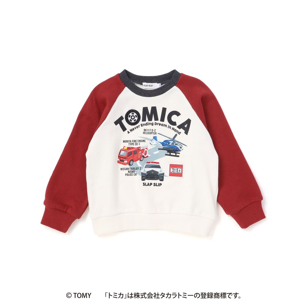 【トミカxSLAPSLIP】乗り物モチーフ裏毛ラグラントレーナー(90~120cm) レッド 90cm