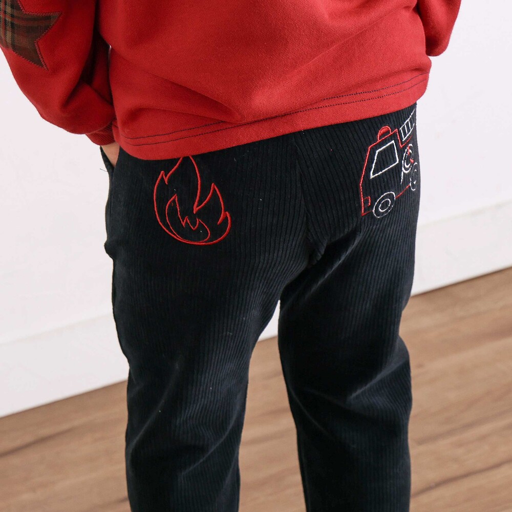 消防車恐竜おしりパッチ折り返し裾チェックロングパンツ(80~130cm) ブラック 80cm