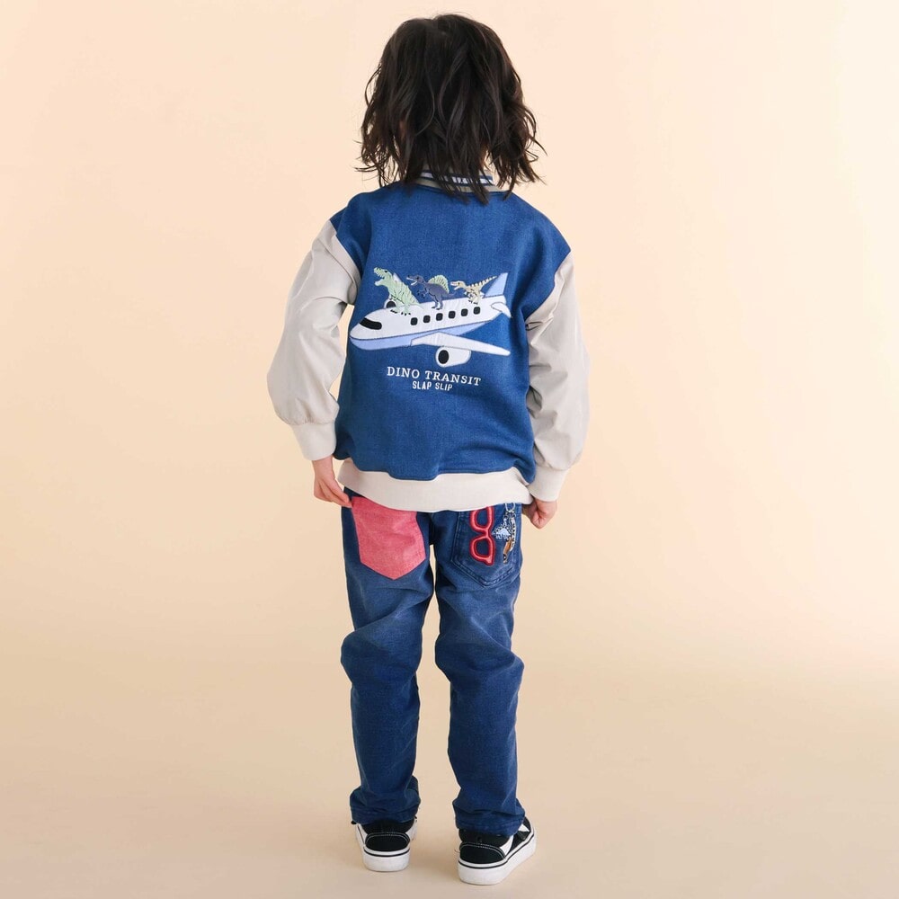 恐竜くるまキーチェーン刺しゅうデニムニットパンツ(80~130cm) ネイビー 80cm