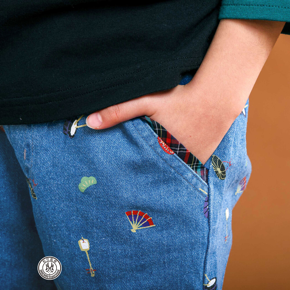 【歌舞伎コラボ】総柄7分丈デニムパンツ(80~130cm) ブルー系 80cm