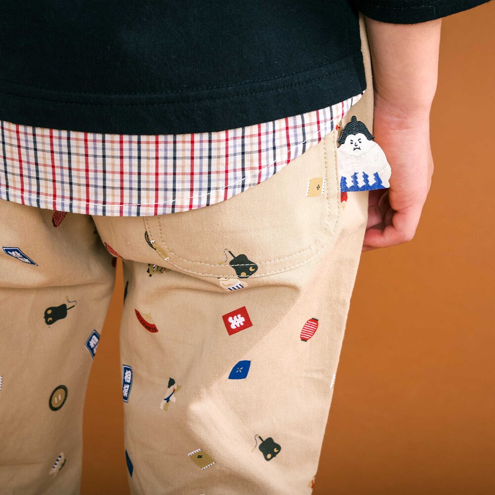 力士総柄7分丈ツイルパンツ(80~130cm) ベージュ系 80cm