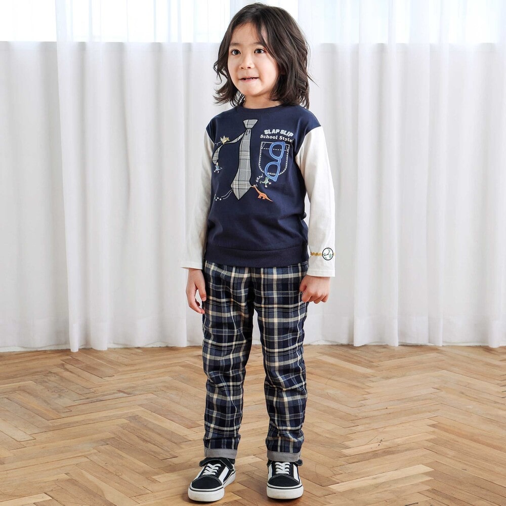 【お揃い】ロゴパッチ刺しゅうリバーシブルチェックパンツ(80~130cm) グレー 80cm