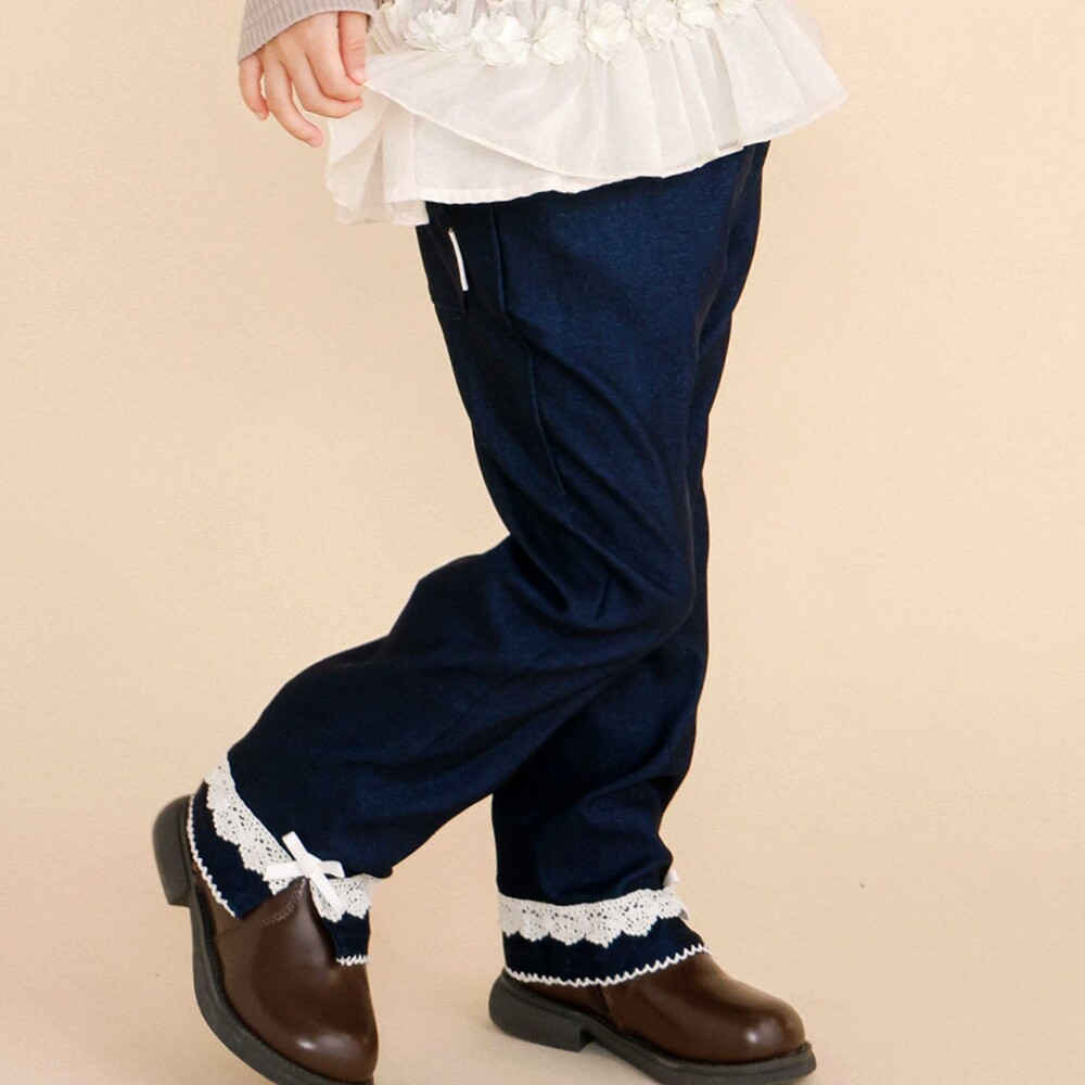 裾レース&リボンストレッチツイルロングパンツ(90~130cm) ネイビー 90cm