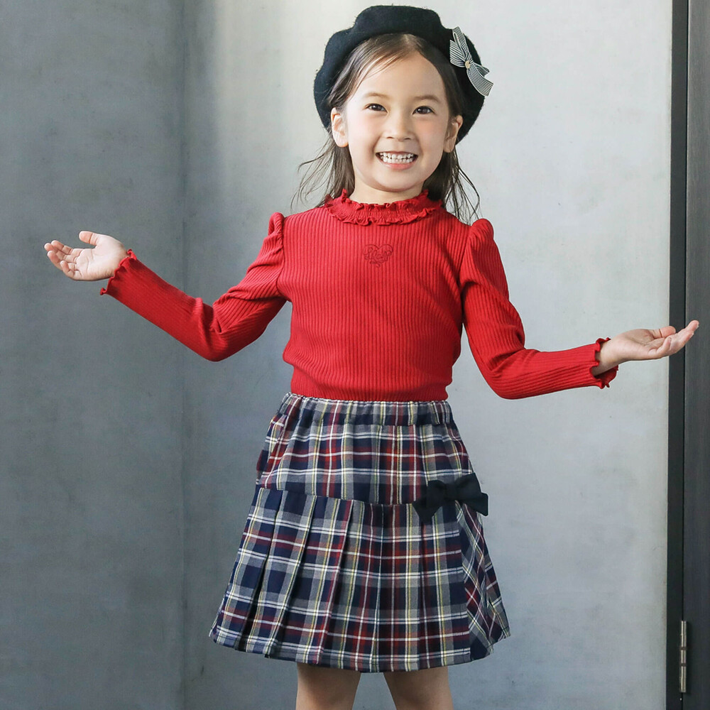 【お揃い】リボン付きチェック柄プリーツスカパン(90~140cm) ネイビー系 90cm