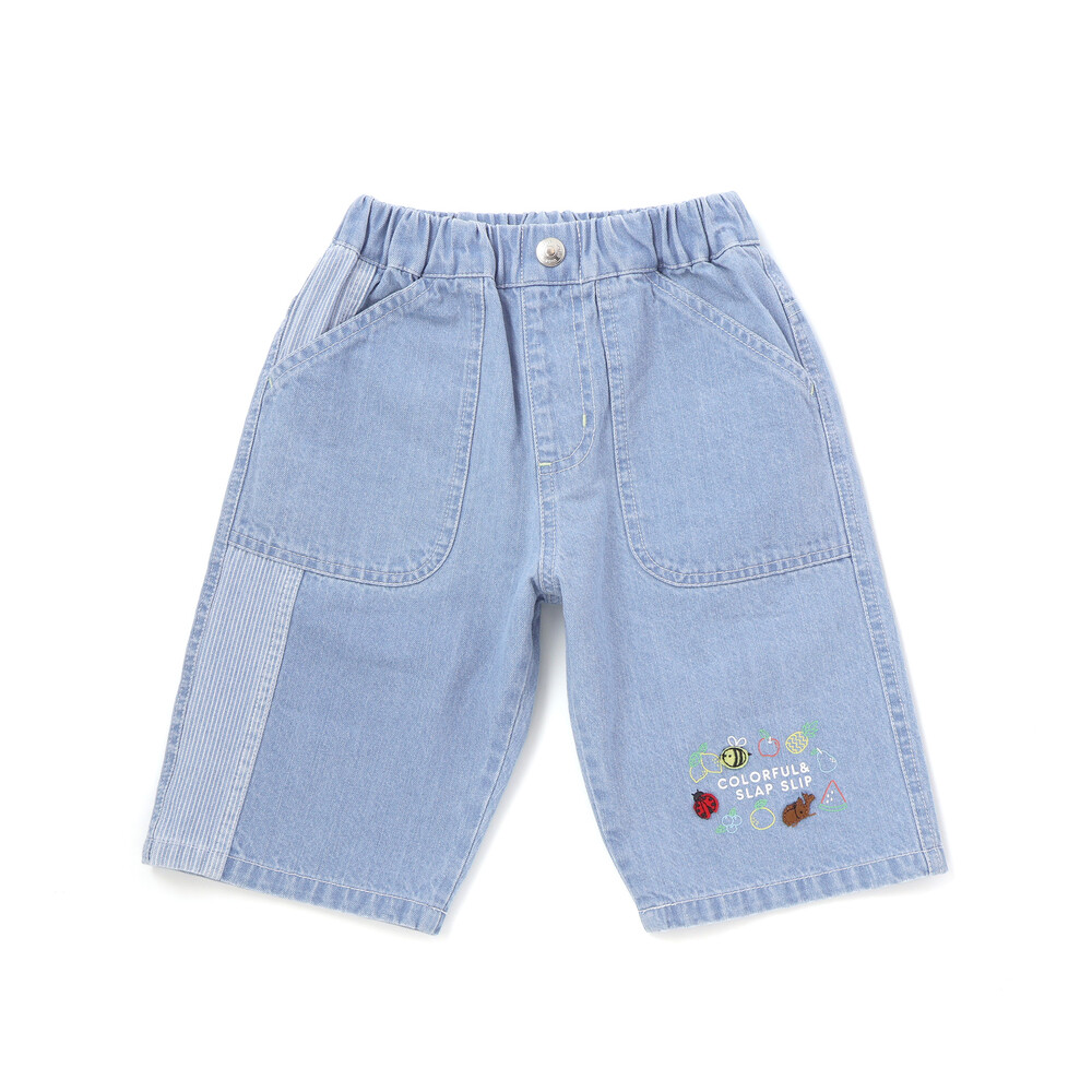 フルーツ昆虫パッチストライプ切り替え5.5分丈デニムパンツ(80~130cm) ブルー 80cm
