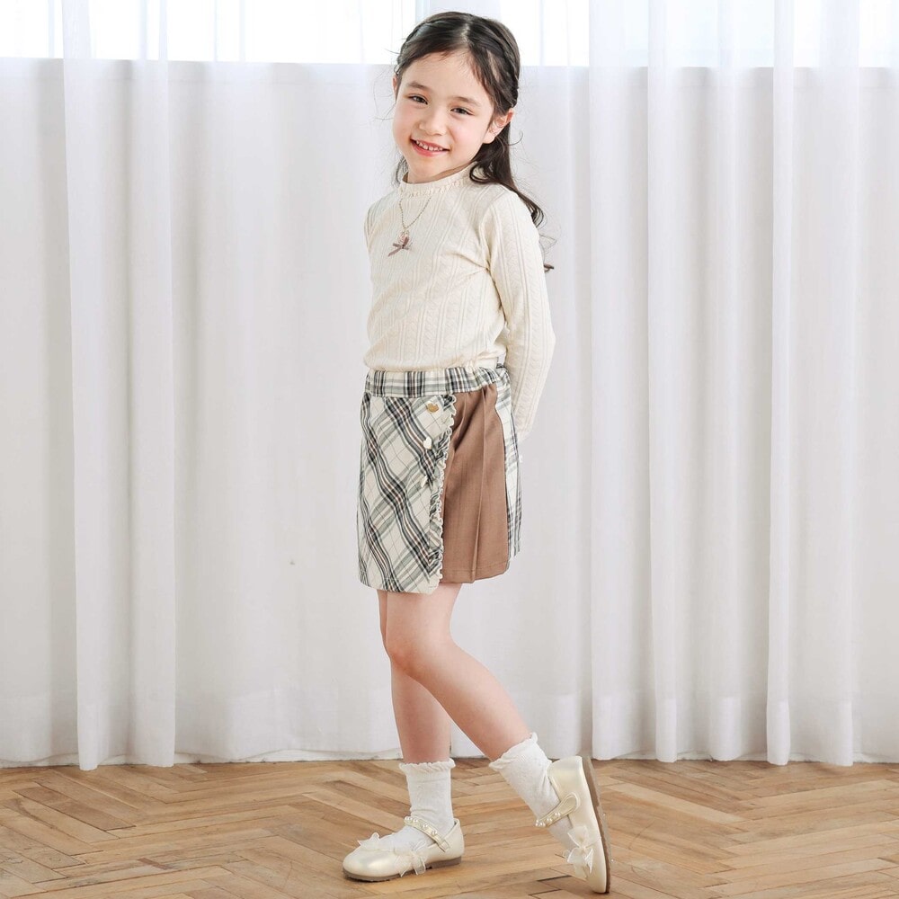 【お揃い】プリーツラップチェック柄スカパン(90~130cm) オフホワイト系 90cm
