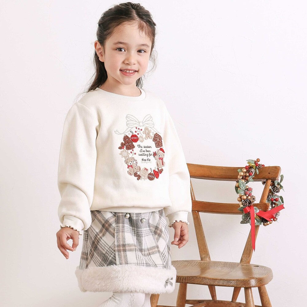 【お揃い】ファー切替チェック台形スカート(90~130cm) グレー系 90cm