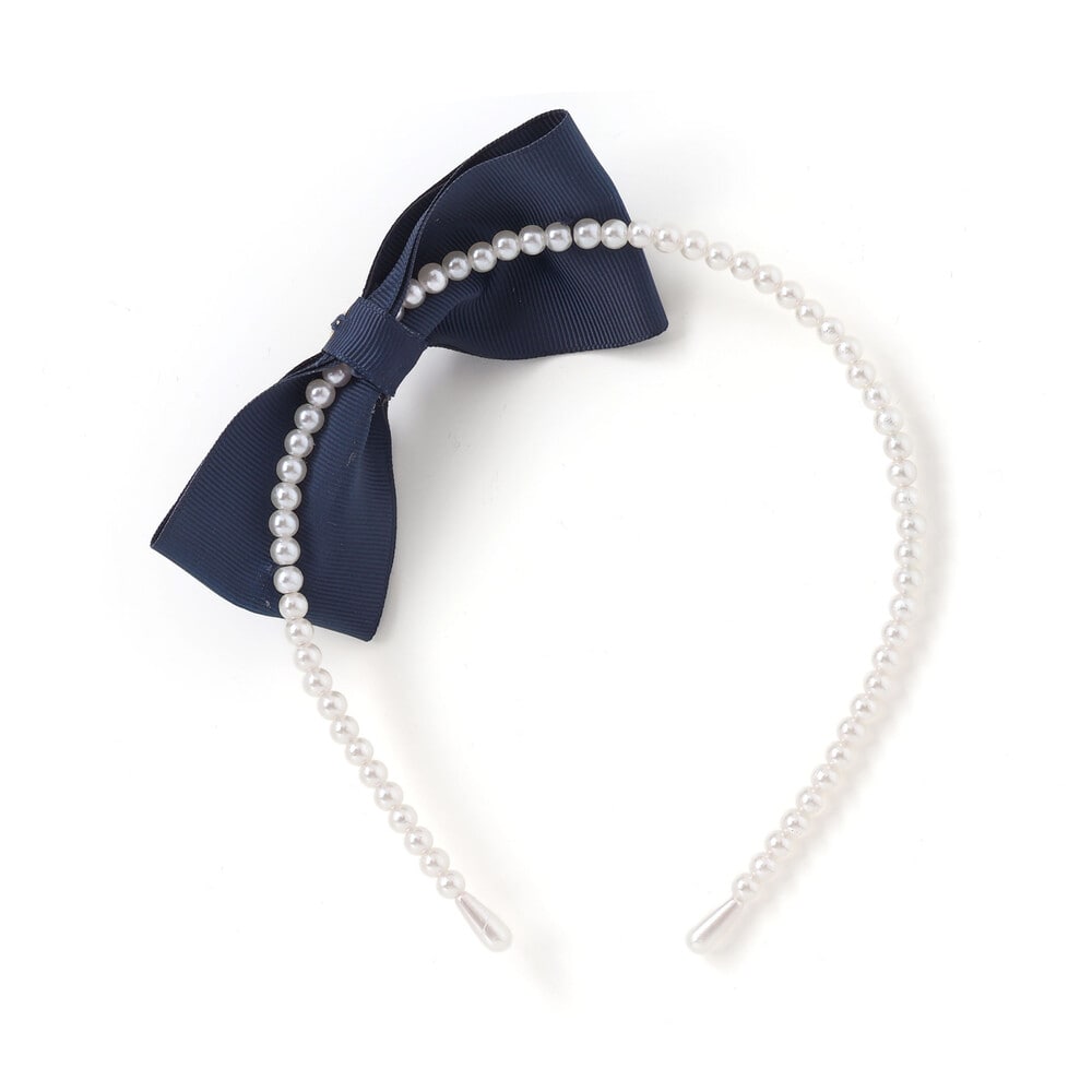 リボン付きパールビーズカチューシャ ネイビー ワンサイズ