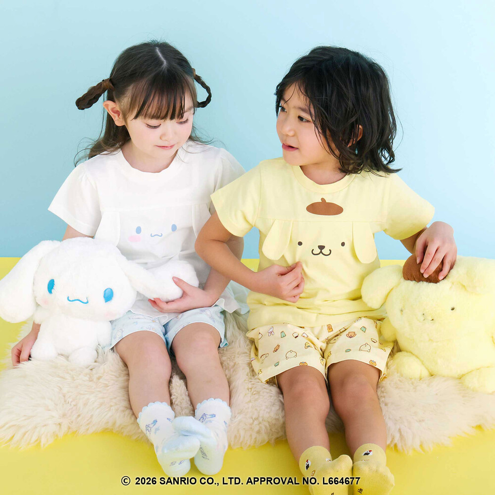 【シナモロール/ポムポムプリン×SLAPSLIP】耳付きモチーフ半袖パジャマ(90~130cm) オフホワイト 90cm