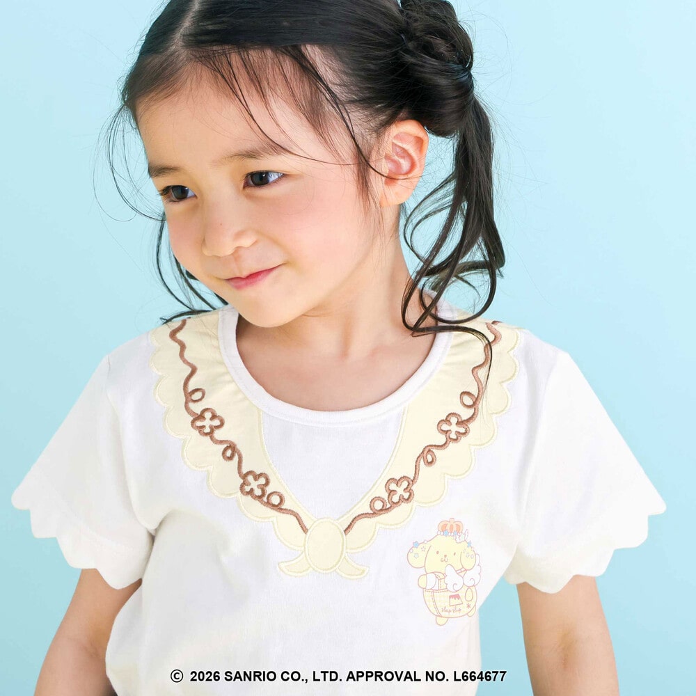 【シナモロール/ポムポムプリン×SLAPSLIP】袖スカラップ耳付きセーラー襟風Tシャツ(90~130cm) オフホワイト 90cm