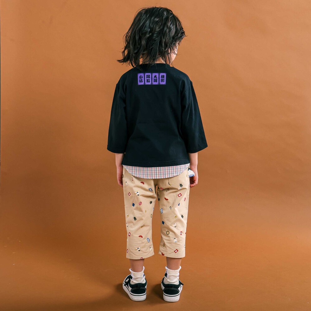 天竺シャンブレーチェック切り替え7分袖Tシャツ(80~130cm) ブラック 80cm