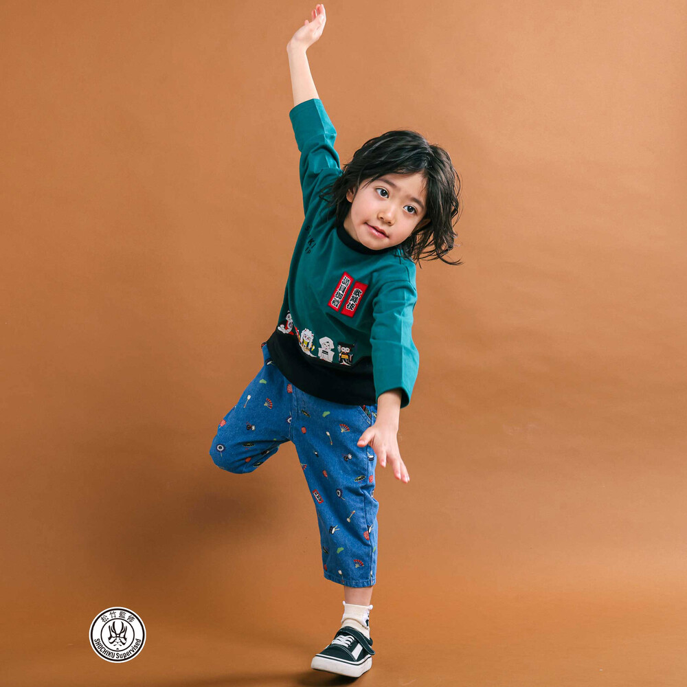 【歌舞伎コラボ】ネコ歌舞伎切り替え7分丈天竺Tシャツ(80~130cm) グリーン 80cm