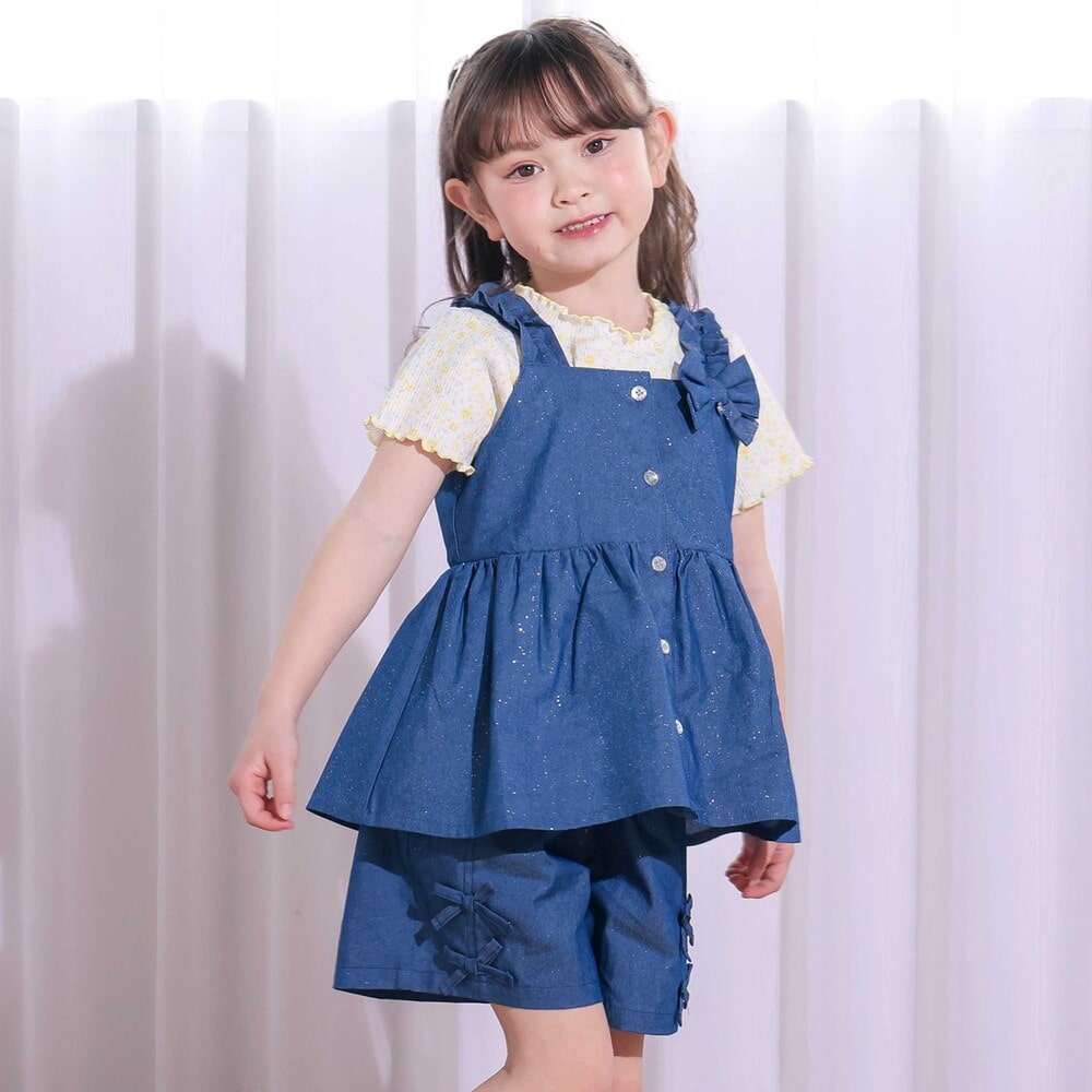 ボーダー&花柄テレコ半袖Tシャツ(80~130cm) パープル系 80cm