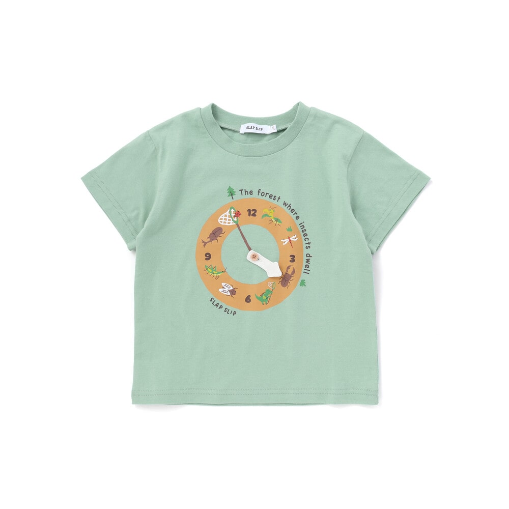 はたらくくるま&昆虫時計天竺半袖Tシャツ(80~130cm) グリーン 80cm
