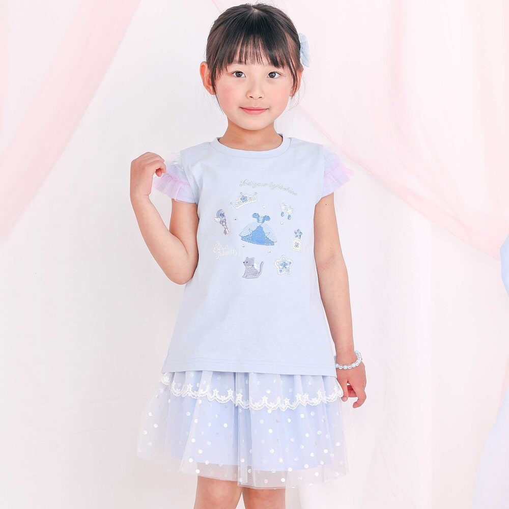 【スラプリ】チュールスリーブ天竺半袖Tシャツ(80~130cm) ブルー 80cm