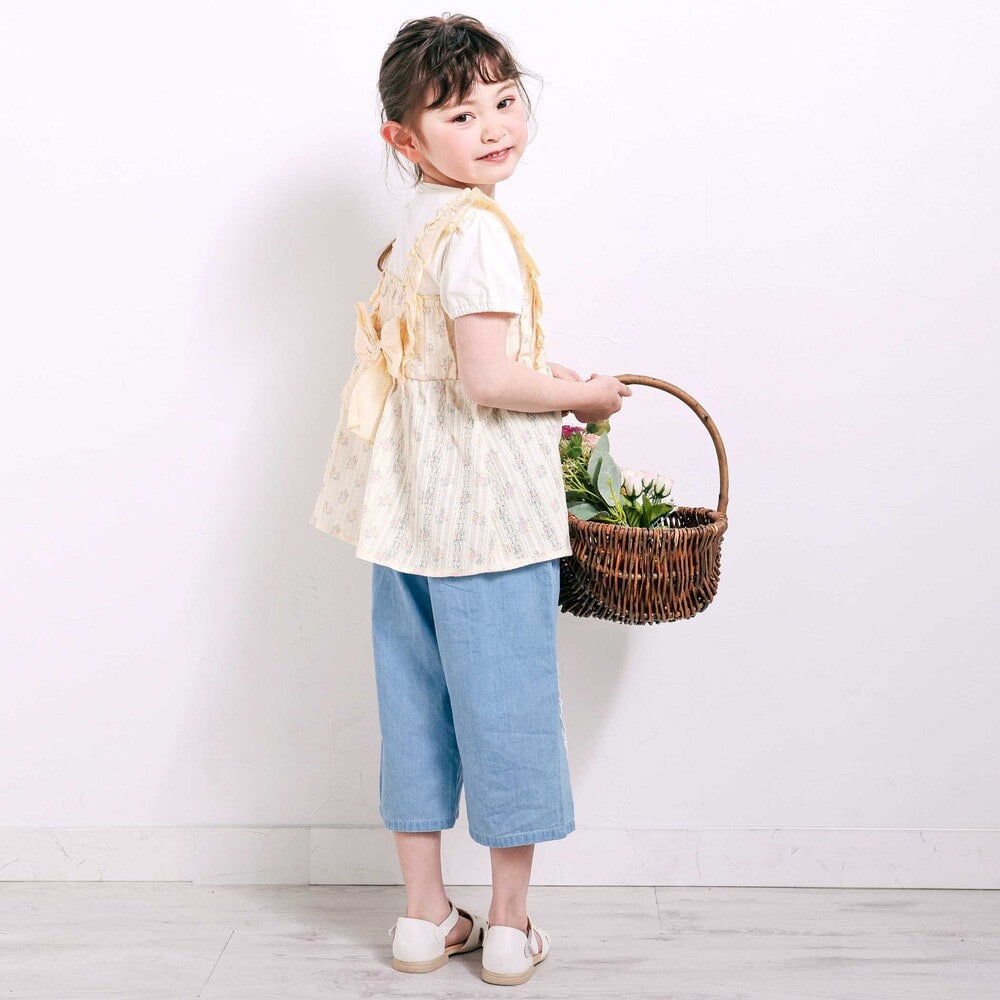 肩フリル花柄レースドッキング半袖Tシャツ(80~130cm) イエロー系 80cm