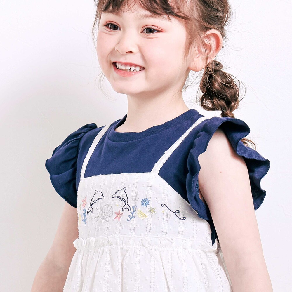 【お揃い】スカラップキャミストライプ&ドビー半袖Tシャツ(80~130cm) ネイビー 80cm