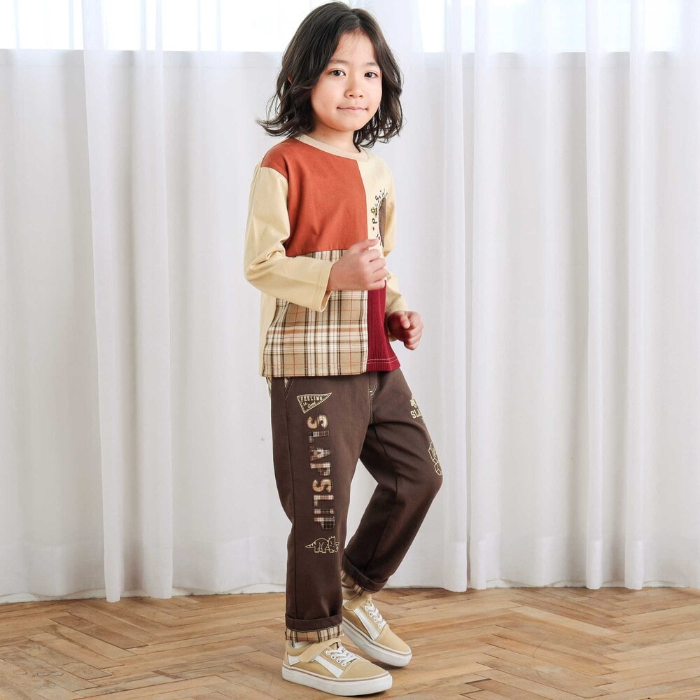 【お揃い】モチーフ刺しゅうチェック切り替え長袖Tシャツ(80~130cm) オフホワイト 80cm