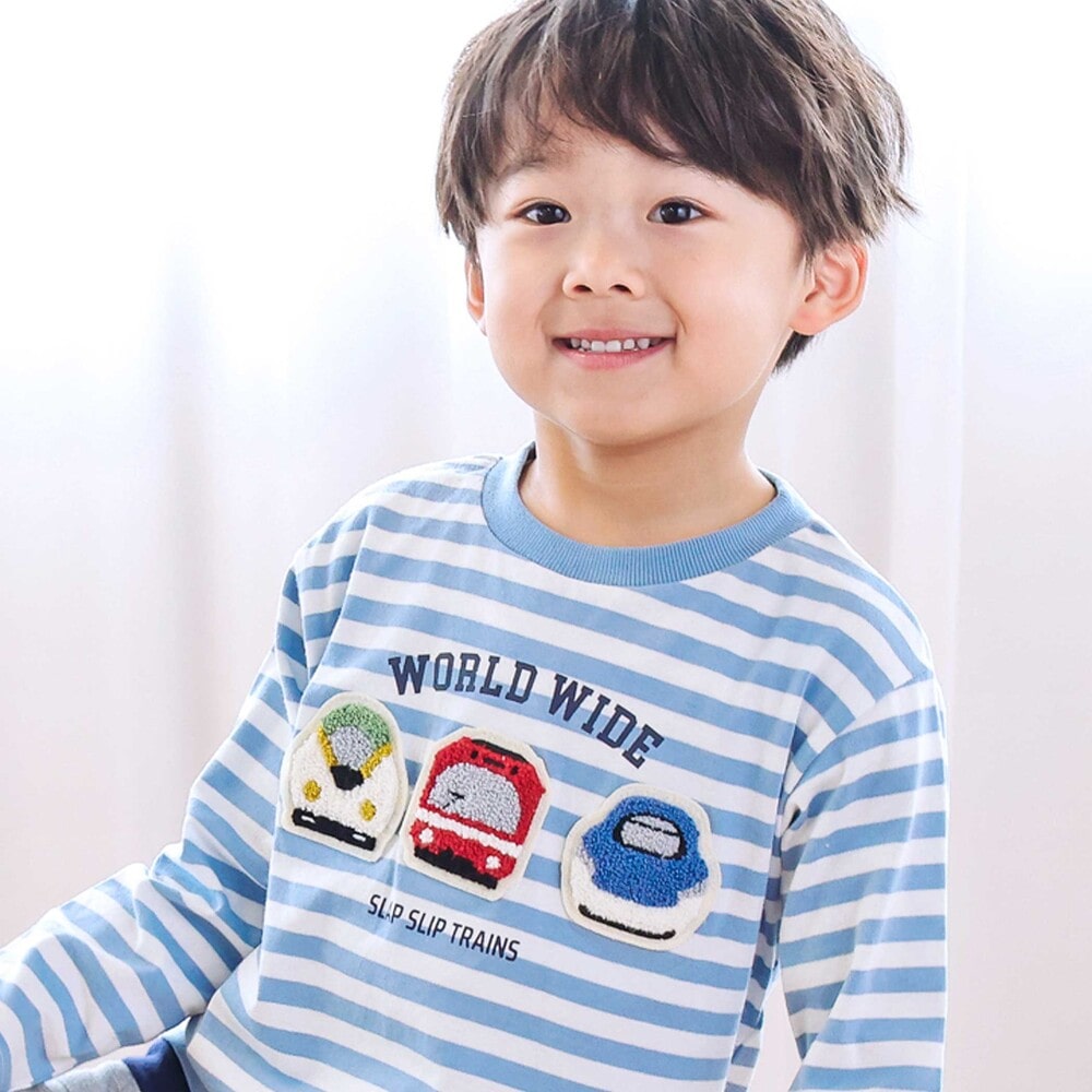 電車モチーフサガラ刺しゅうボーダー柄長袖Tシャツ(80~130cm) ブルー系 80cm