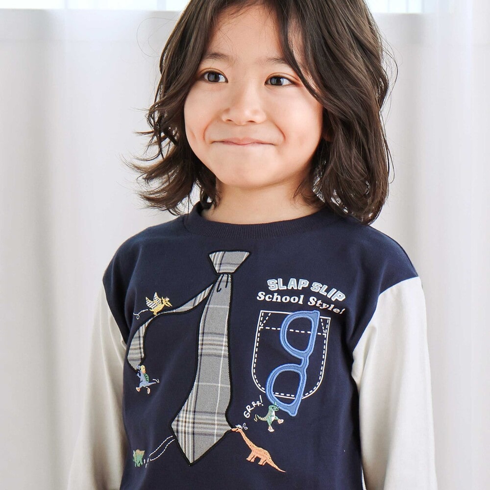 ネクタイメガネパッチ袖切り替え長袖Tシャツ(80~130cm) ネイビー 80cm