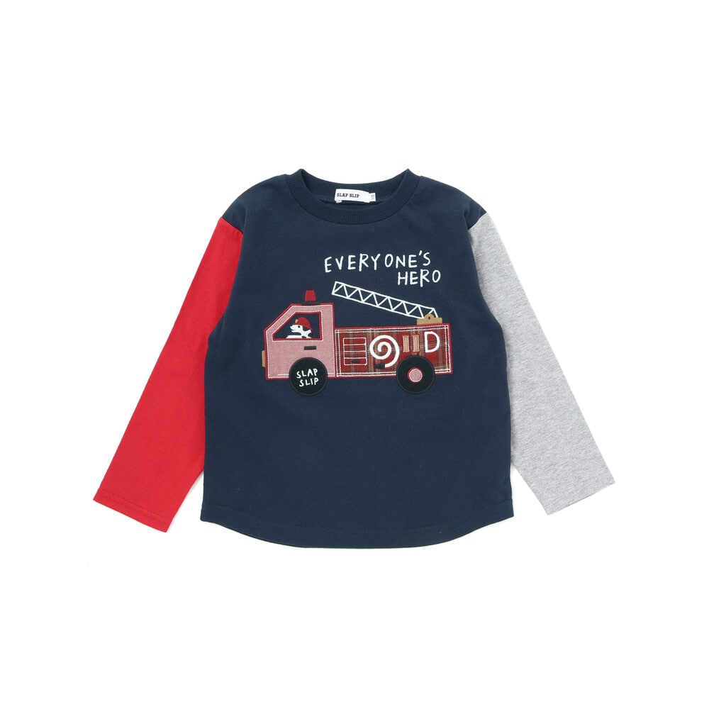 乗り物プリント袖切り替え長袖Tシャツ(80~130cm) ネイビー 80cm