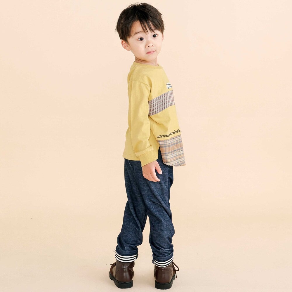 電車モチーフチェック切り替え長袖Tシャツ(80~130cm) イエロー 80cm