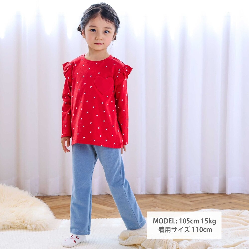 【スララク/防汚加工/オーガニックコットン】ときめきデザイン女の子長袖Tシャツ(80~130cm) ブラックドット×チェリー刺しゅう 80cm