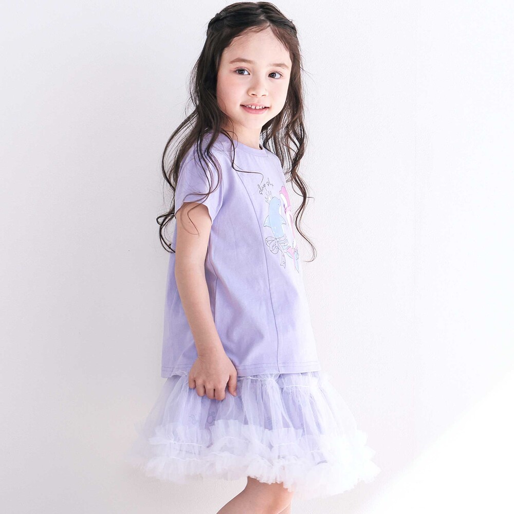 【スララク/吸汗速乾/接触冷感/オーガニックコットン】ときめき女の子半袖Tシャツ(80~130cm) コーラル×お花アイス×袖フレア 80cm