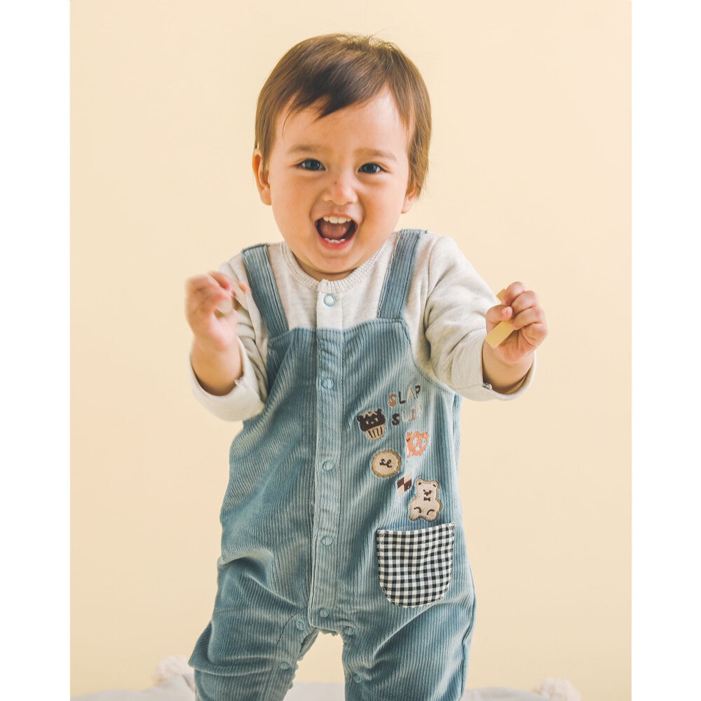 クッキー くま 刺繍 サロペット ドッキング ロンパース ベビー (60~80cm) ブルー 60cm
