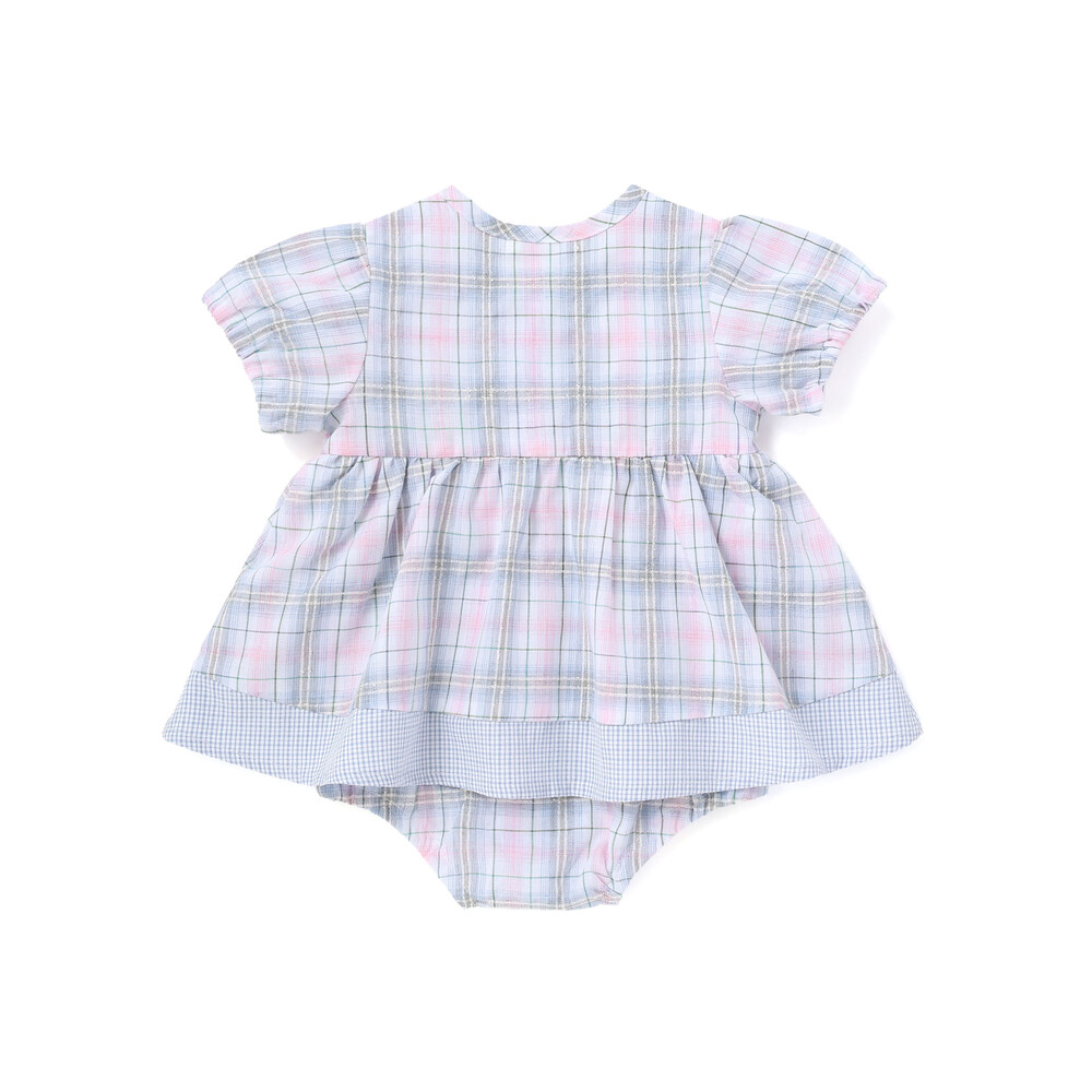 【お揃い】リボン付きマドラスチェックカバーオールベビー(70~80cm) ブルー系 70cm