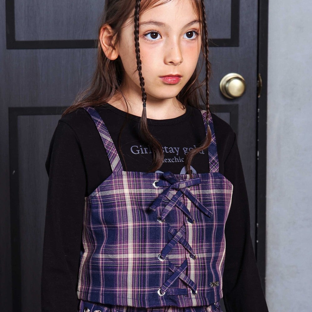 チェックレースアップビスチェ&ロゴプリントTシャツセット(110~150cm) ネイビー系 110cm