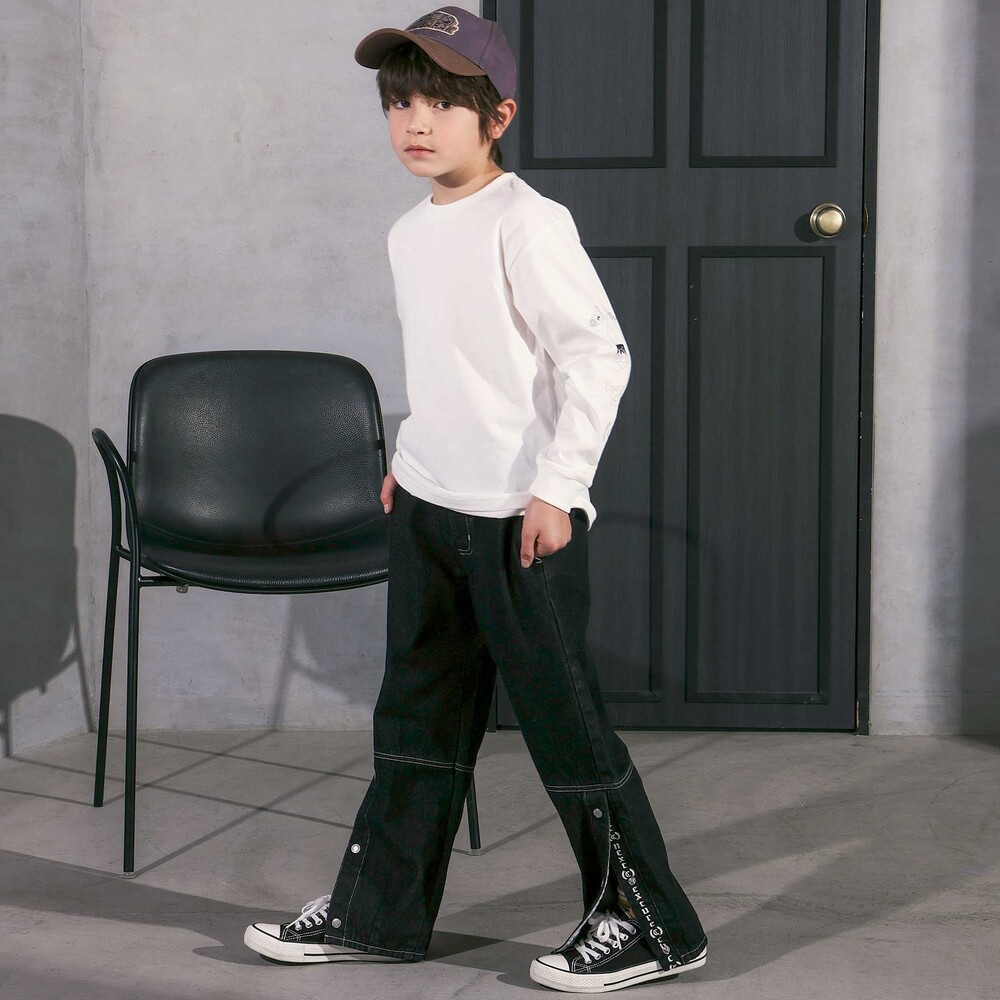 ボタンスリット開きワイドデニムパンツ(110~150cm) ネイビー 110cm