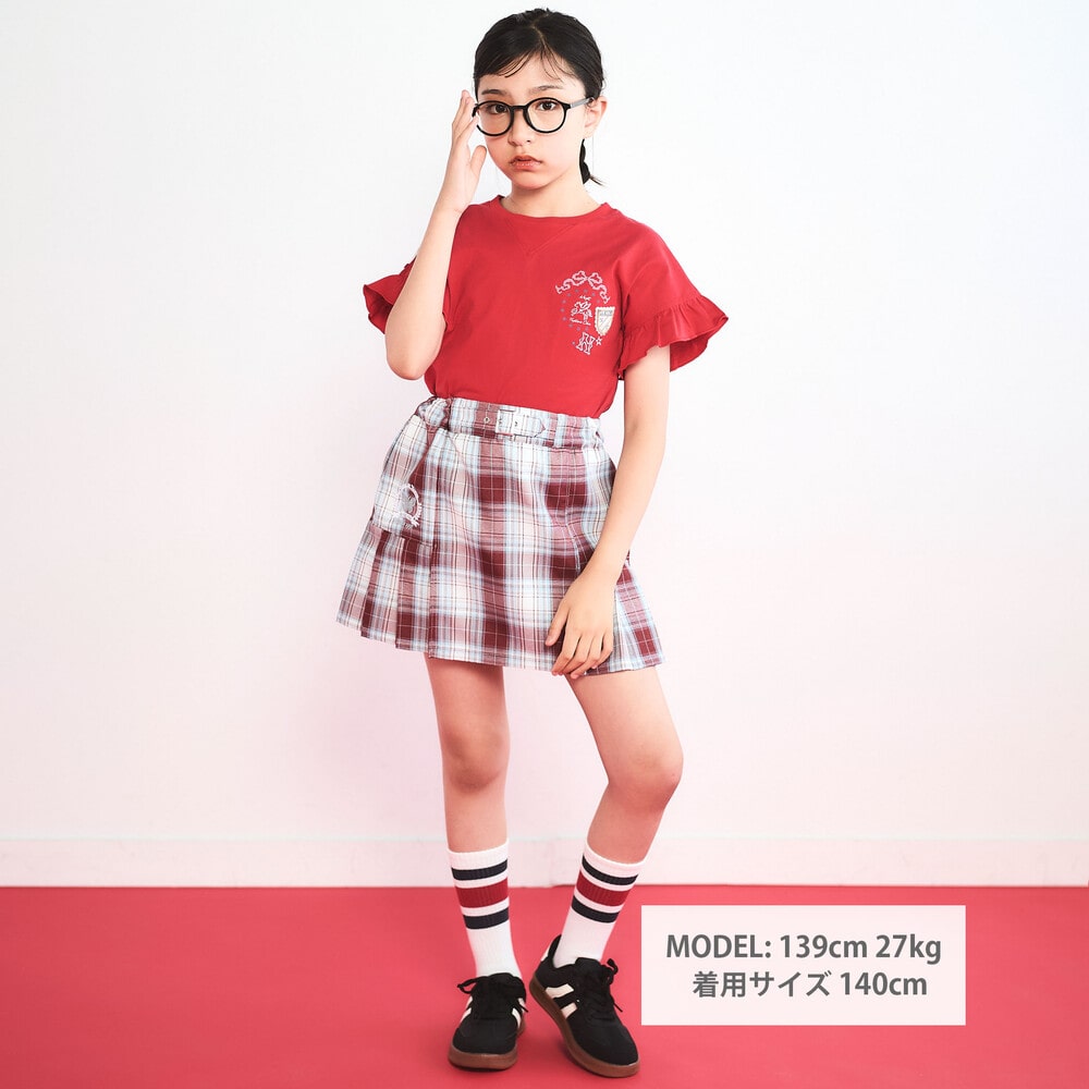 サイド切り替えプリーツチェックスカパン(110~150cm) レッド系 120cm