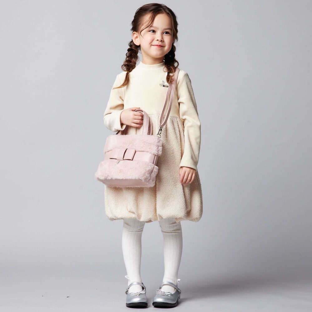 ベロア×ファンシーヤーン切り替えハイネックバルーンワンピース(90~140cm) ピンク 90cm