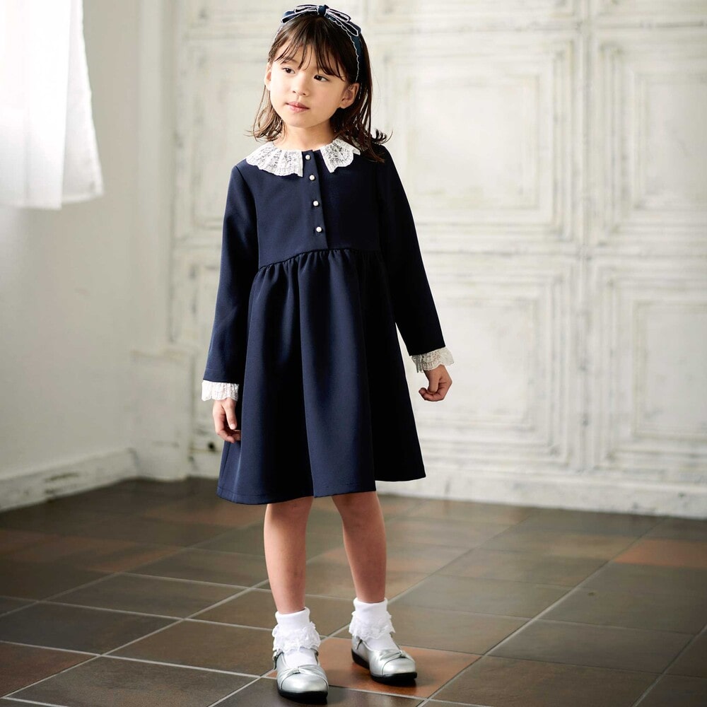 ダブルクロス3way付け襟長袖ギャザーワンピース(110~130cm) ネイビー 110cm