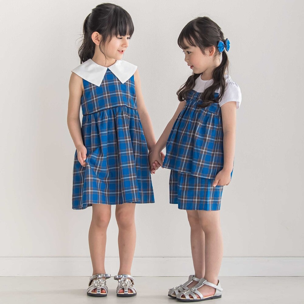 【お揃い】【神戸タータン×BeBe】BIGカラーチェックギャザーワンピース(90~150cm) ブルー系 90cm