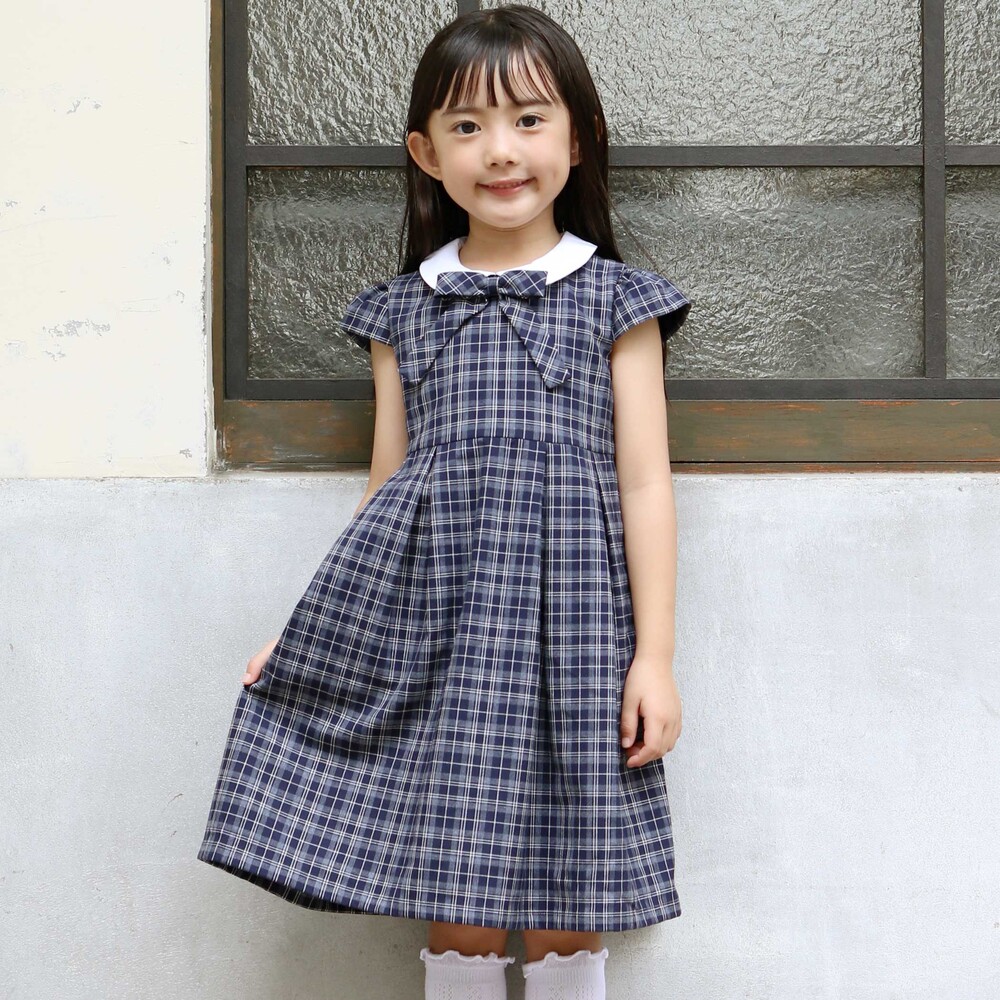 ボレロ+リボンタイ付きチェックワンピースセット(110~130cm) ネイビー系 110cm