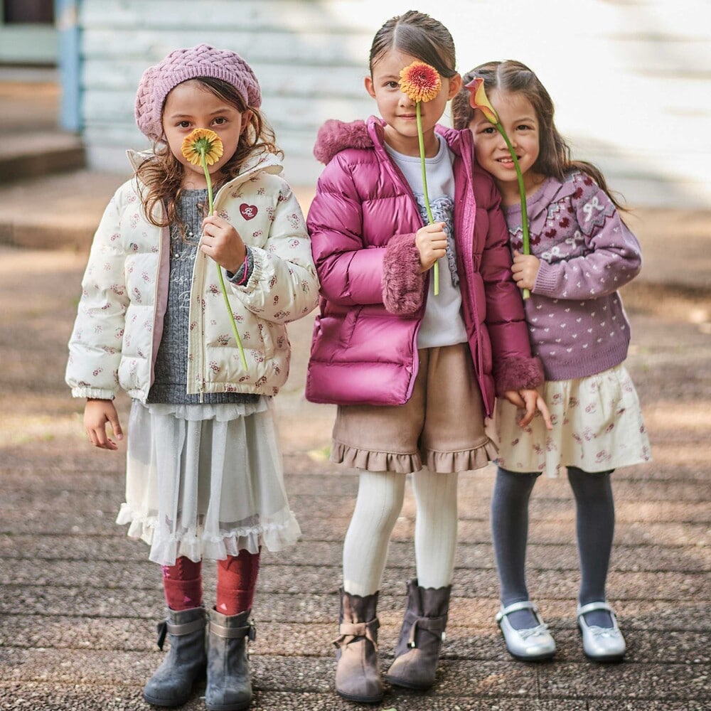 【撥水加工】シャイニータフタウエスト切り替えシャギーファーフードダウンコート(90~150cm) ピンク 90cm