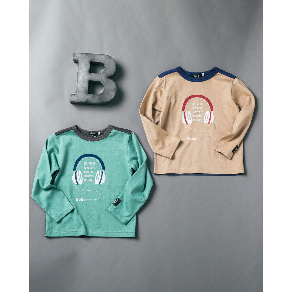 ヘッドフォン ロゴ プリント 配色 Tシャツ (80~150cm) ベージュ 110cm
