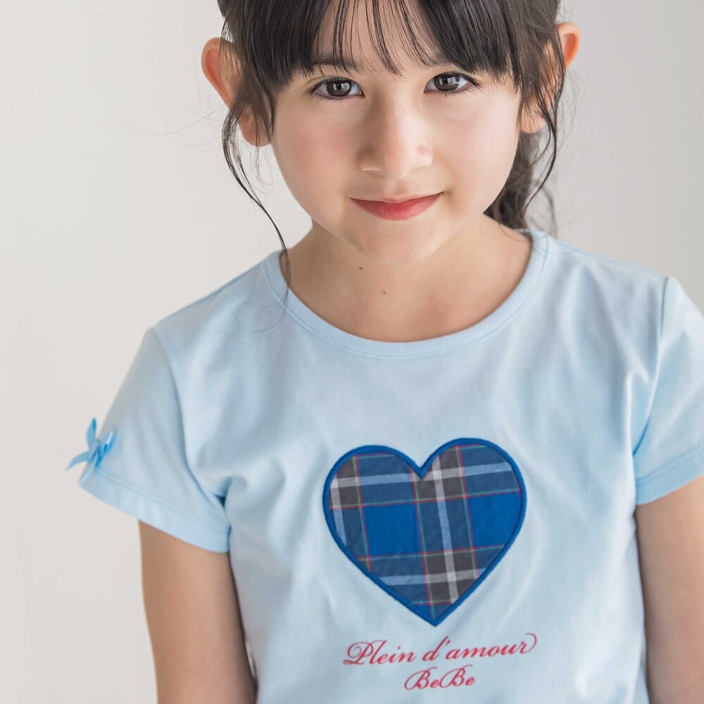 【お揃い】【神戸タータン×BeBe】チェックハートパッチ半袖Tシャツ(90~160cm) ブルー 90cm