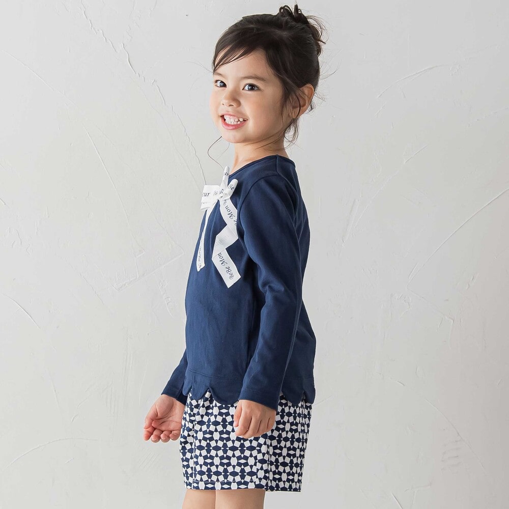 グログランBIGリボンモチーフ裾スカラップ長袖Tシャツ(90~160cm) ネイビー 90cm